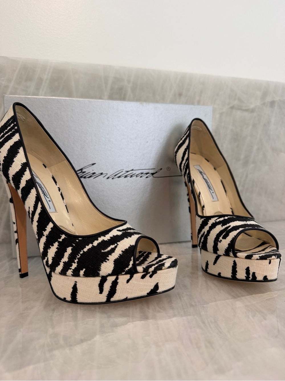 Christian Louboutin Black & Cream Zebra Peep-Toe Platform Pumps